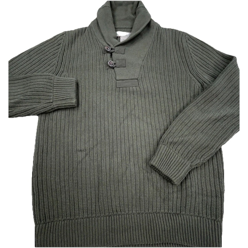 Duluth Sweater Men Medium Olive Green Heavy Knit Shawl Neck Ribbed Military Army